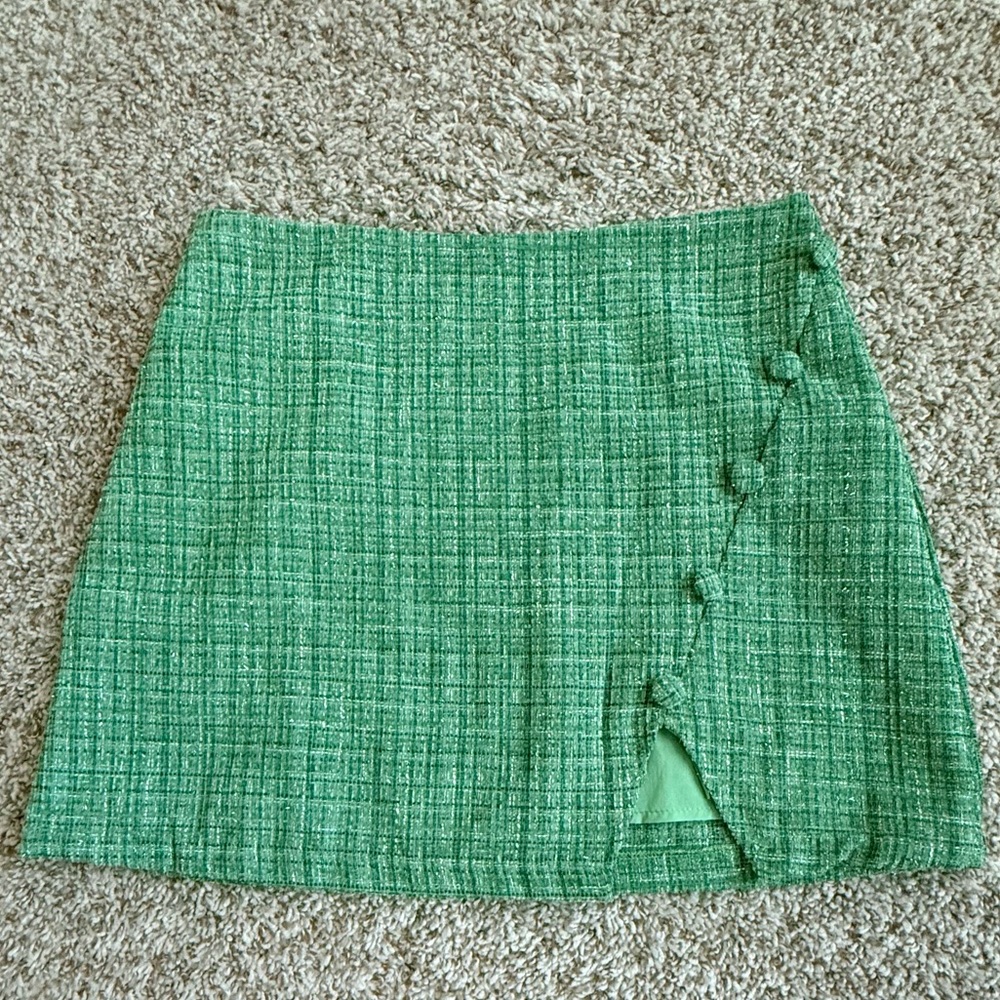 Green Tweed Button-Accent Mini Skirt